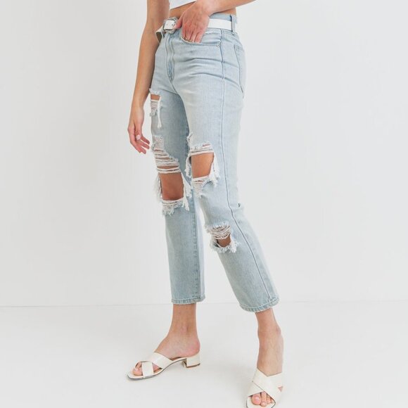 JBD. Just Black Denim Layla Destroyed Girlfriend High Rise Light Wash Crop Pants - Picture 2 of 5